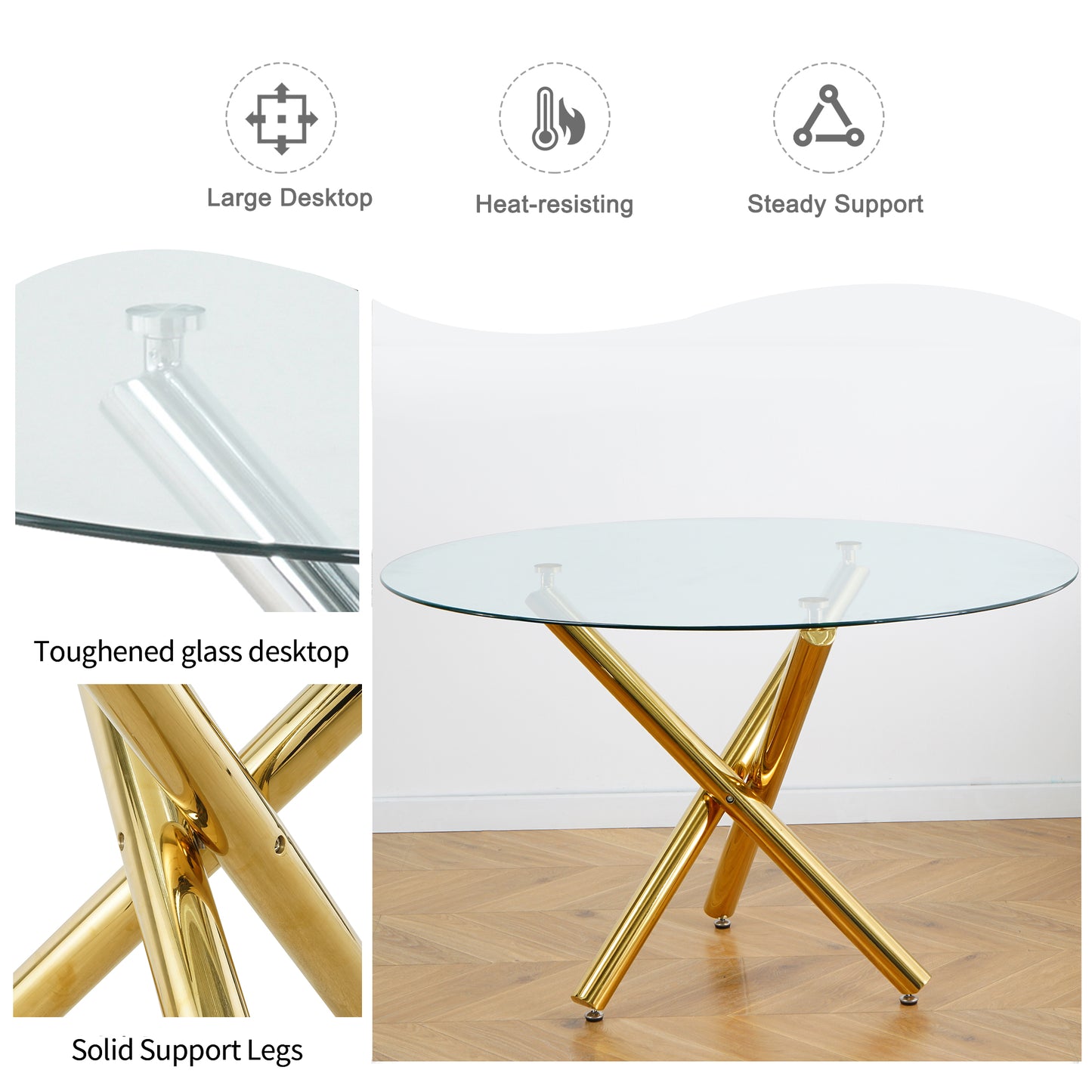 Sumdeal Modern 47" Round Glass Dining Table with Cylindrical legs