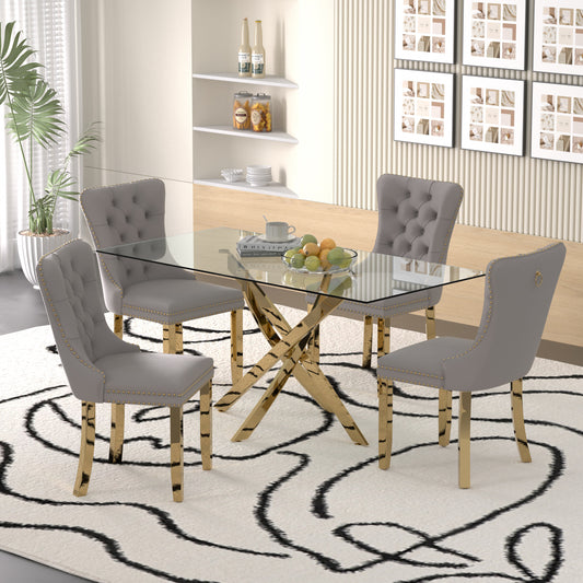 Sumdeal 63" Modern Glass Dining Table Room Sets for 6,Glass Dining Table with Velvet Dining Chairs