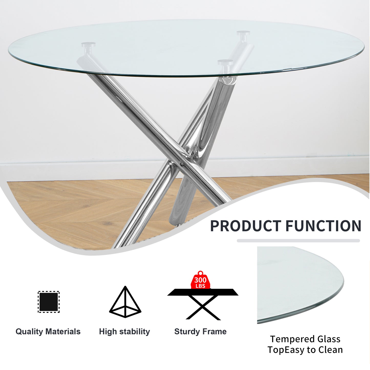 Sumdeal Modern 47" Round Glass Dining Table with Cylindrical legs