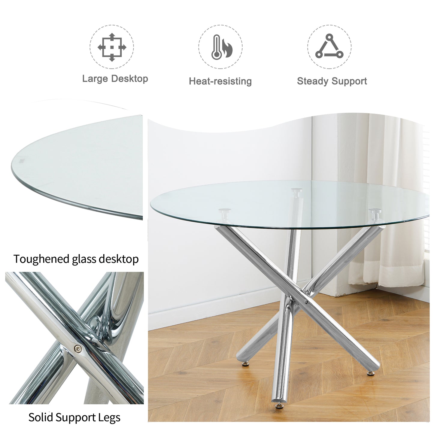 Sumdeal Modern 47" Round Glass Dining Table with Cylindrical legs