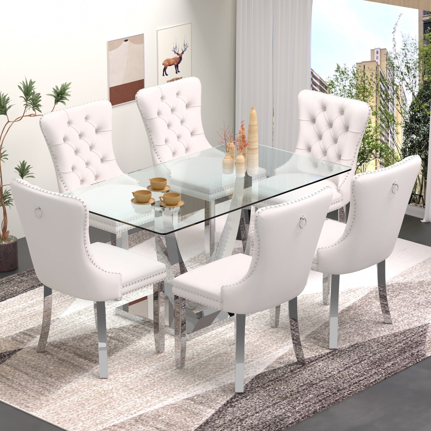 Sumdeal 63" Modern Tempered Glass Dining Room Set , Kitchen & Dining Room Glass Table with Velvet Dining Chairs,Glass Dining Table Set for 4,Glass Dining Table sets for 6