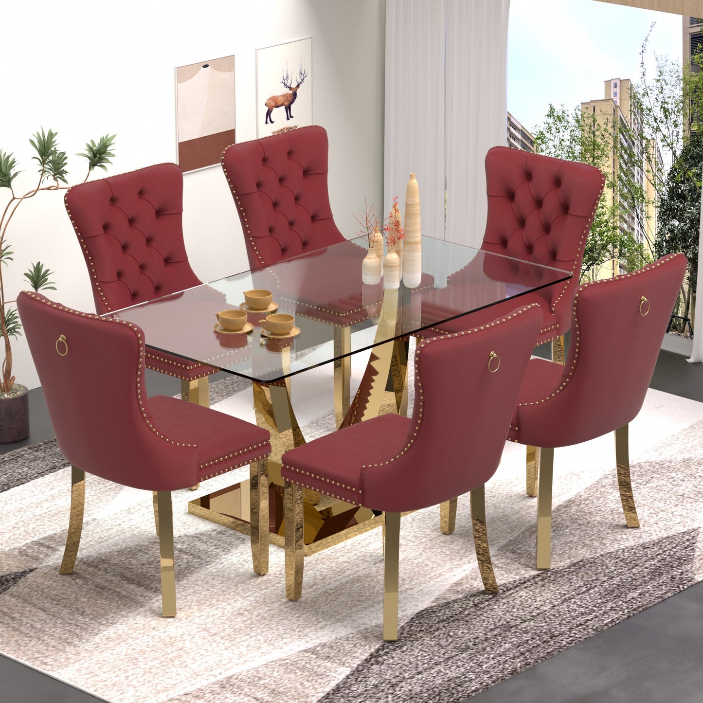 Sumdeal 63" Modern Tempered Glass Dining Room Set , Kitchen & Dining Room Glass Table with Velvet Dining Chairs,Glass Dining Table Set for 4,Glass Dining Table sets for 6
