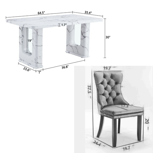 Sumdeal 64.5" Modern Faux Marble Dining Table Room Set,Dining Table with Velvet Dining Chairs,Faux Marble Table with Dining Chairs with Silver Leg,Dining Table sets for 4,Dining Room Sets for 6