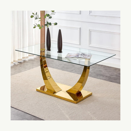 Sumdeal 63-inch rectangular glass dining table with chrome golden base