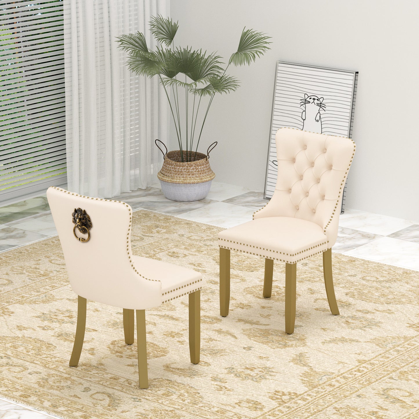 Sumdeal Mid-Century Modern Dining Chairs with Lion Head Pull Ring - High-End Tufted Velvet Upholstered Accent Chairs with Golden Legs & Nailhead Trim