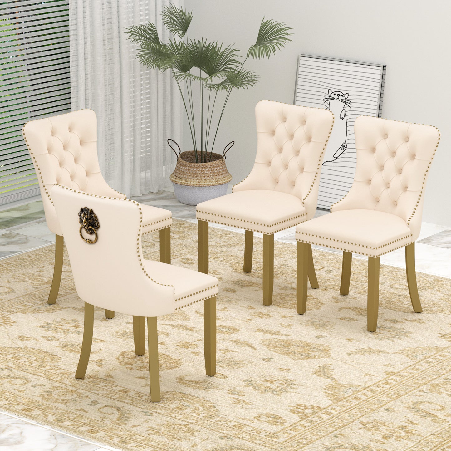 Sumdeal Mid-Century Modern Dining Chairs with Lion Head Pull Ring - High-End Tufted Velvet Upholstered Accent Chairs with Golden Legs & Nailhead Trim