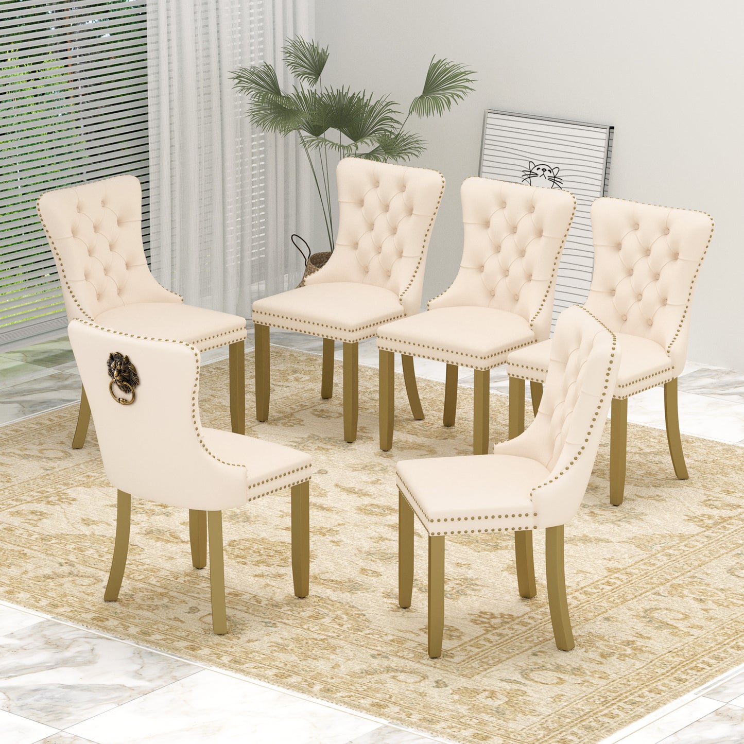 Sumdeal Mid-Century Modern Dining Chairs with Lion Head Pull Ring - High-End Tufted Velvet Upholstered Accent Chairs with Golden Legs & Nailhead Trim