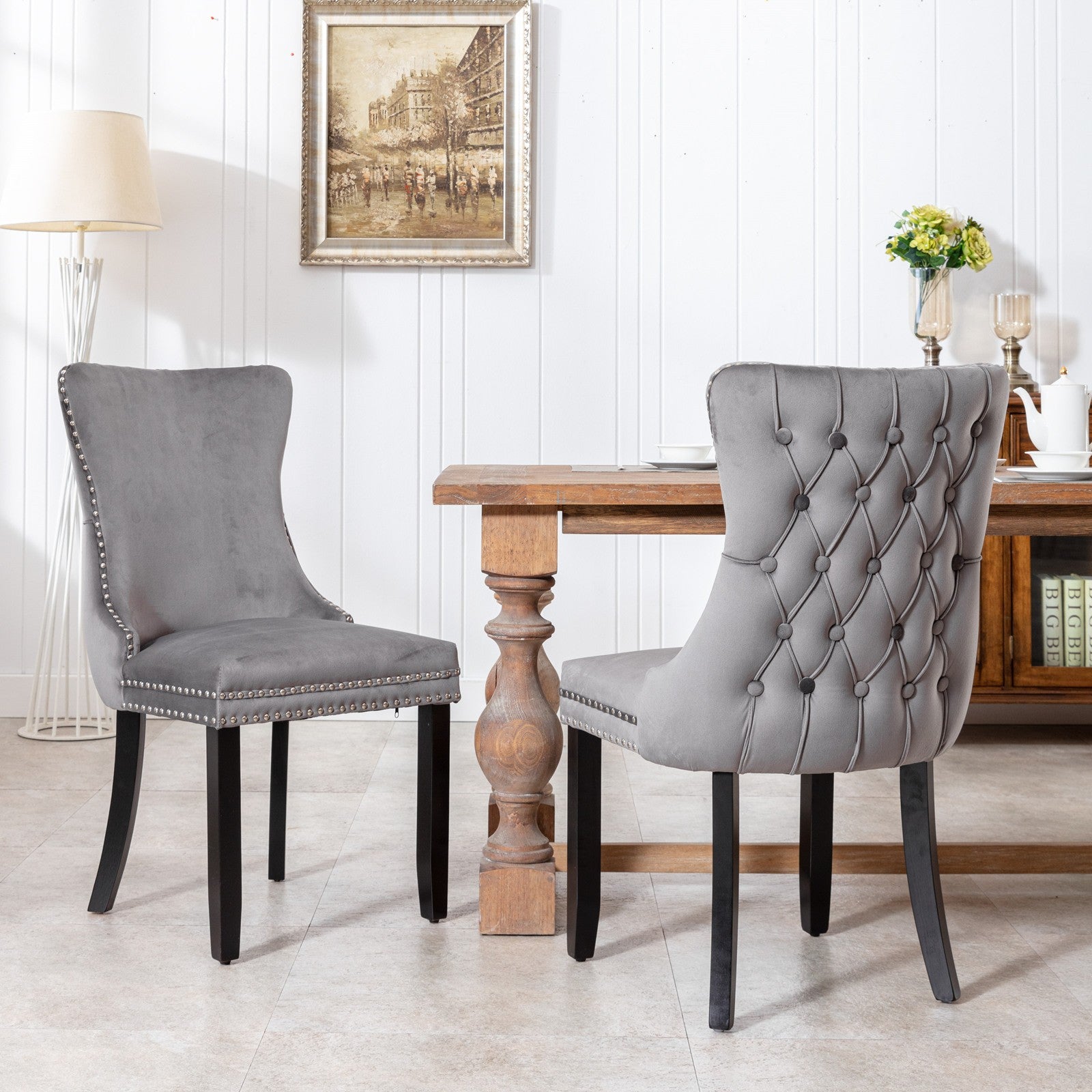 Sumdeal Gray Velvet Dining Chairs Set of 2 with Wood Legs - product image 1