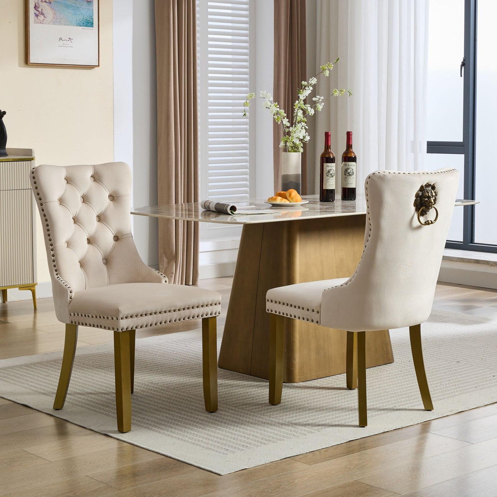 Sumdeal Beige Velvet Dining Chairs Set of 2 with Gold Legs - product image 1