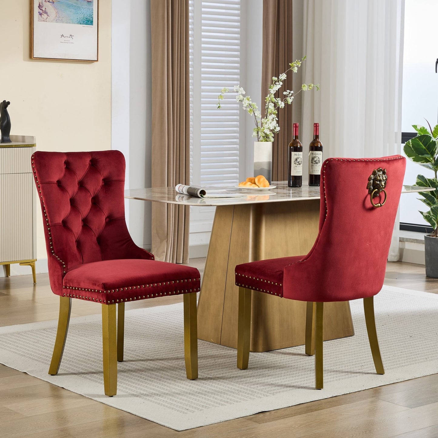 Sumdeal WINE RED Velvet Dining Chairs Set of 2 with Gold Legs - product image 1