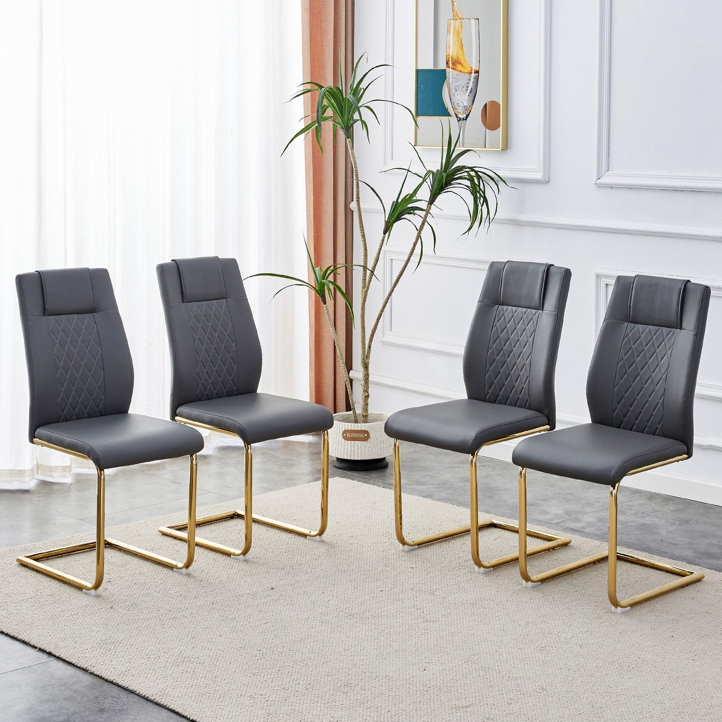 Sumdeal Gray PU Leather Dining Chairs Set of 4 with Gold Legs - product image 1