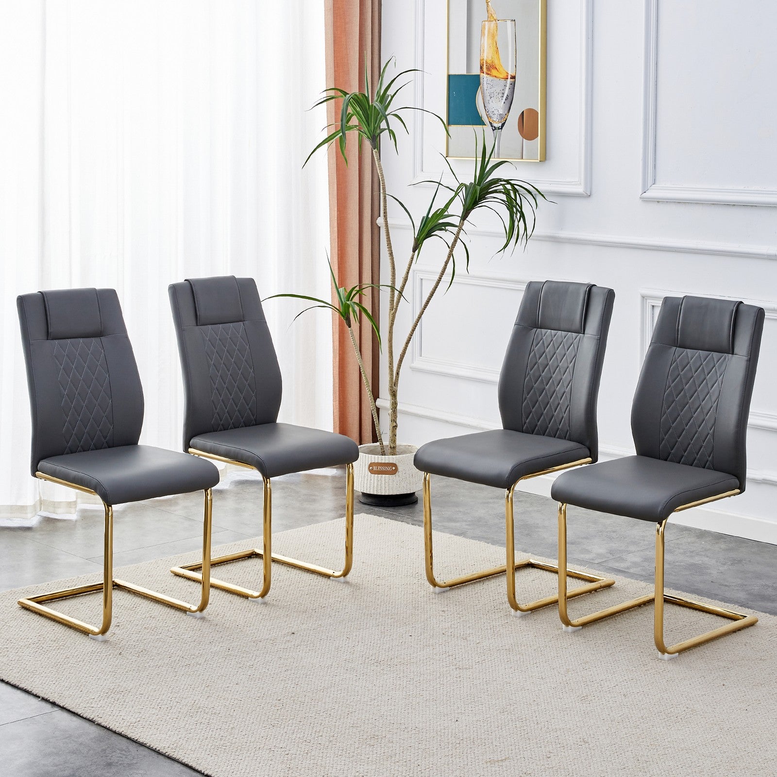 Sumdeal Gray PU Leather Dining Chairs Set of 4 with Gold Legs - product image 1