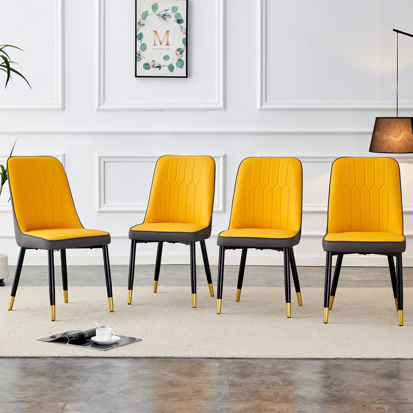 Sumdeal Yellow and Grey PU Leather Dining Chairs Set of 4 with Black Legs - product image 1