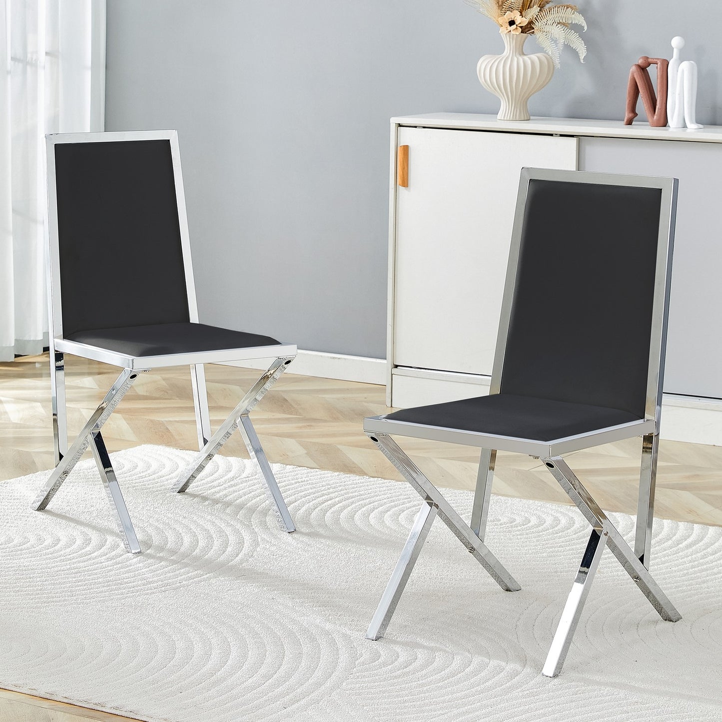 Sumdeal Black and Silver PU Leather Dining Chairs Set of 2 with Silver Legs - product image 1