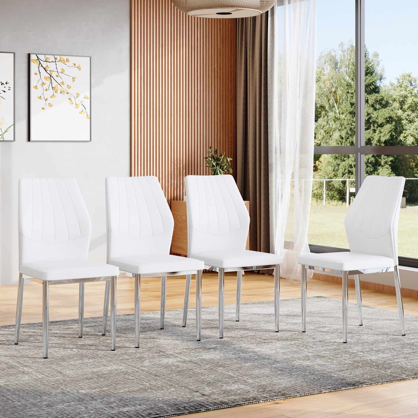 Sumdeal White and Silver PU Leather Dining Chairs Set of 4 with Silver Legs - product image 1