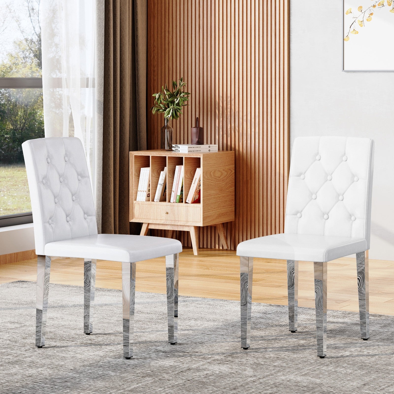Sumdeal White and Silver PU Leather Dining Chairs Set of 2 with Silver Legs - product image 1