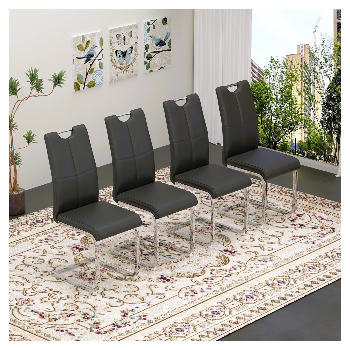 Sumdeal Modern PU Dining Chairs Set of 4 with Silver Legs for Apartments and Kitchens - Walmart image Black