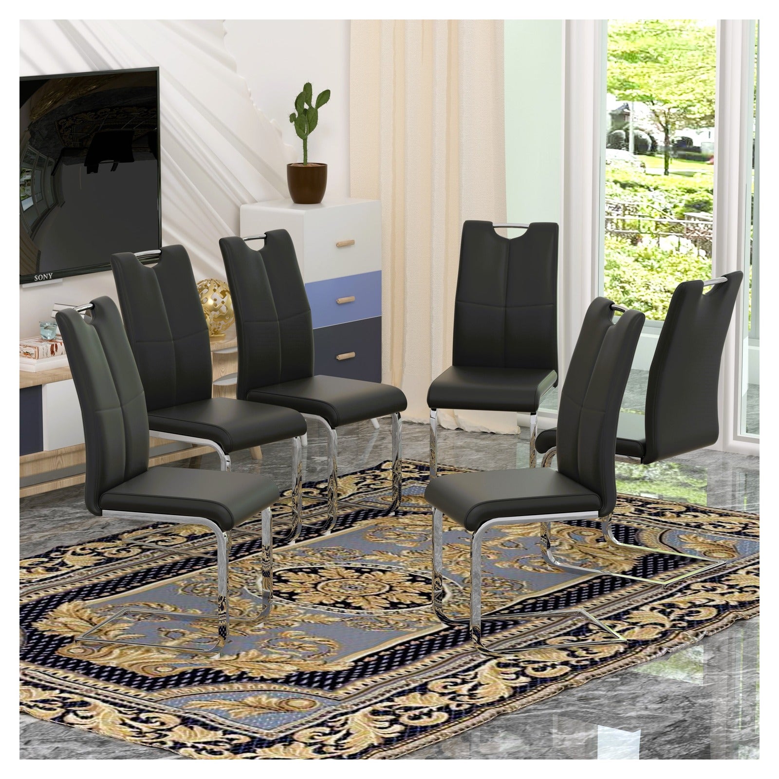 Sumdeal Modern PU Dining Chairs Set of 6 with Silver Legs for Family Dining Rooms - Walmart image Black