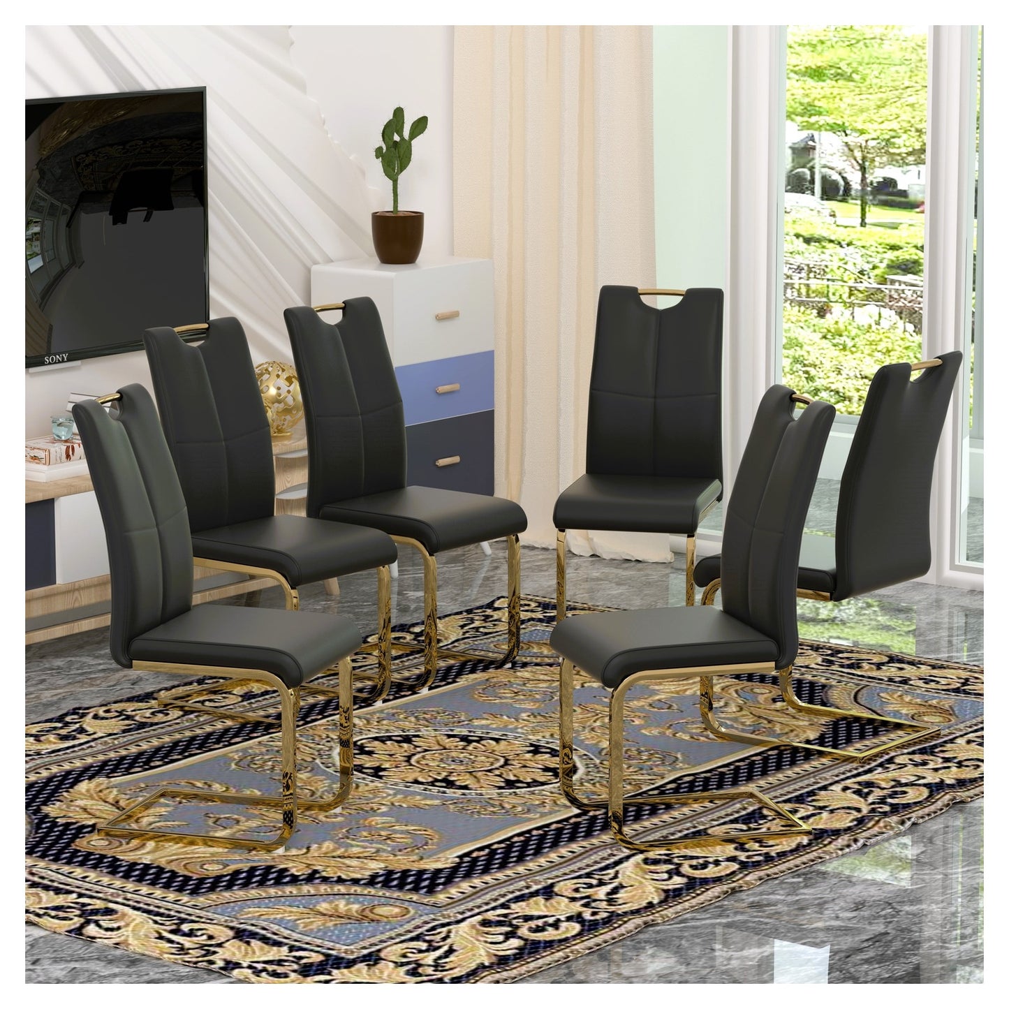 Sumdeal Modern PU Dining Chairs Set of 6 with Gold Legs for Open Dining Rooms - Walmart image Black