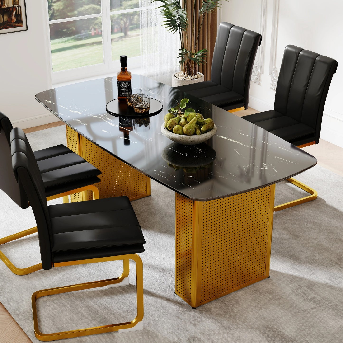 Sumdeal Black Glass Dining Table with Gold Dual-Pedestal Base - main image 1
