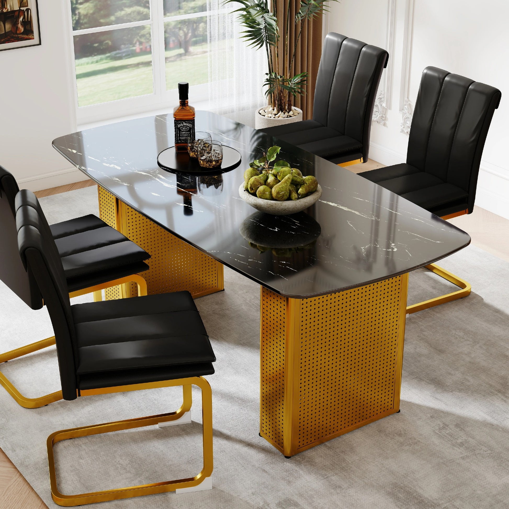 Sumdeal Black Glass Dining Table with Gold Dual-Pedestal Base - main image 1