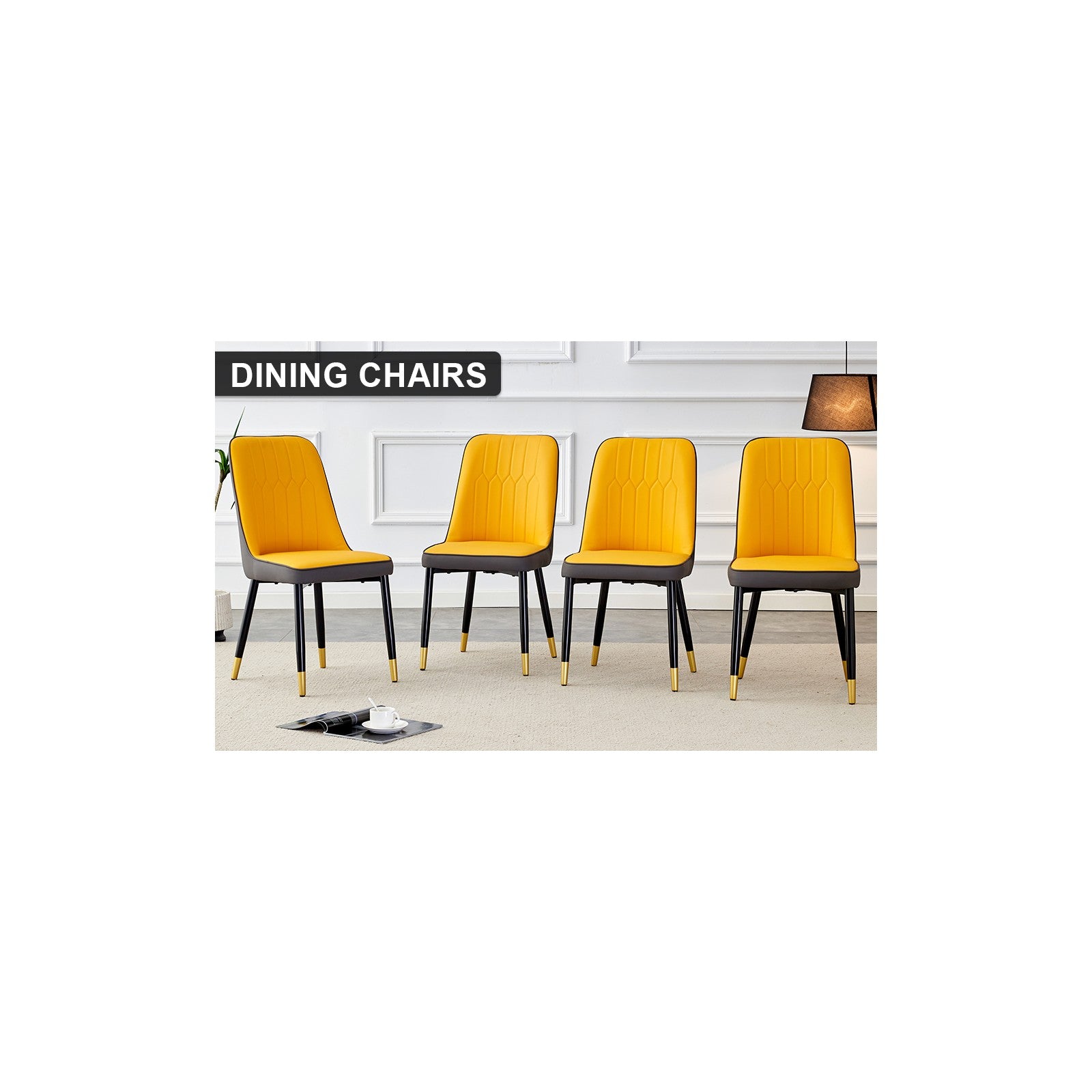 Sumdeal Yellow and Grey PU Leather Dining Chairs Set of 4 with Black Legs - dimension image 2