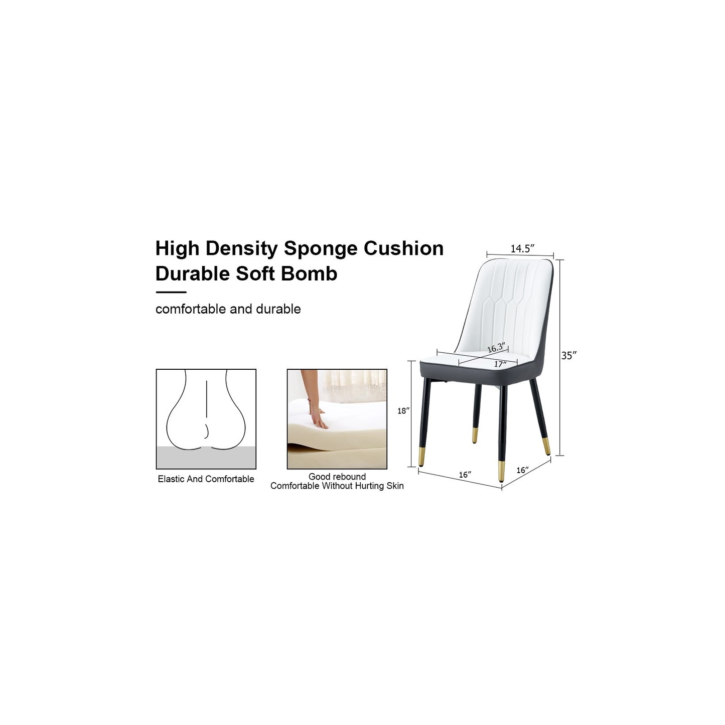 Sumdeal White and gray PU Leather Dining Chairs Set of 4 with Black Legs - dimension image 2