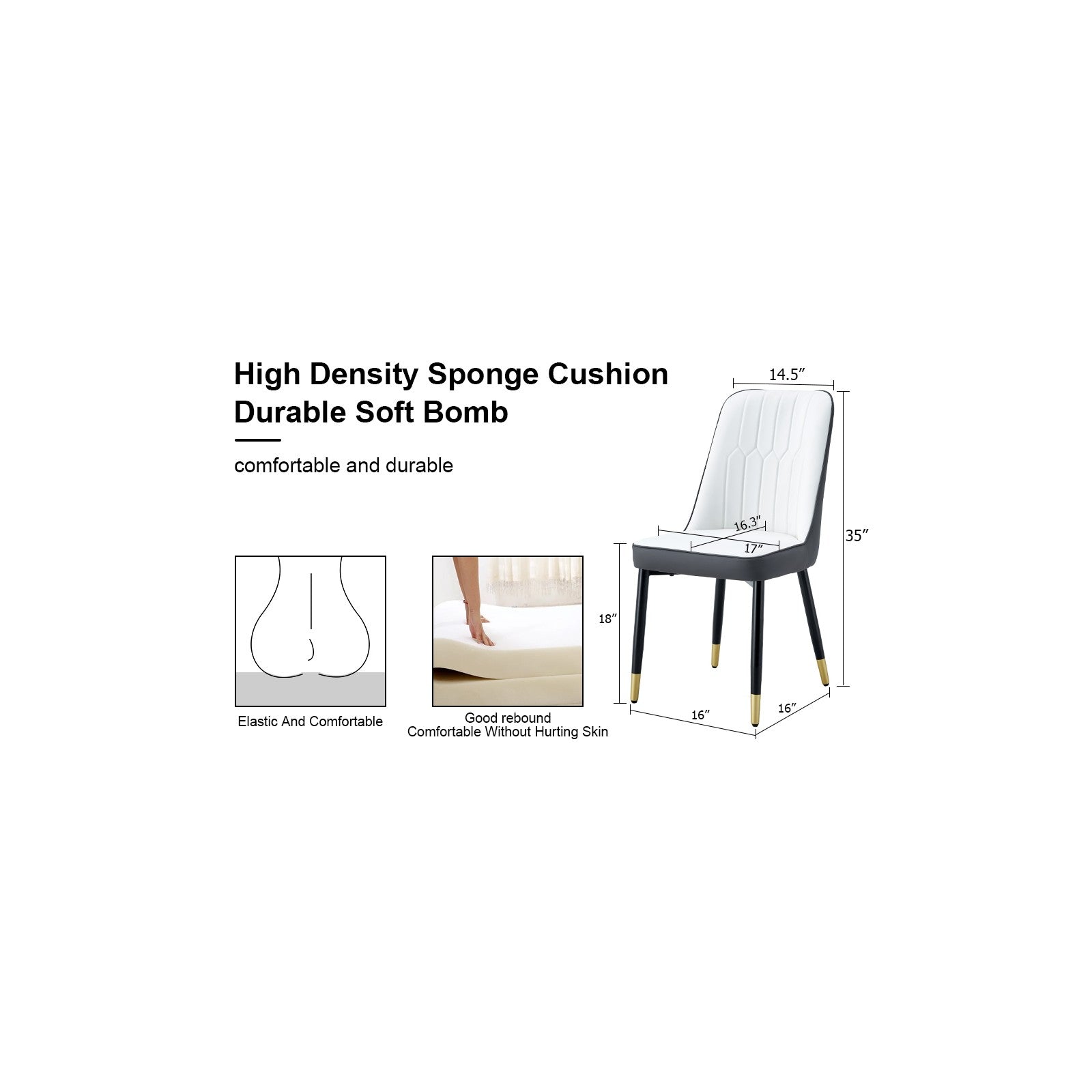 Sumdeal White and gray PU Leather Dining Chairs Set of 4 with Black Legs - dimension image 2