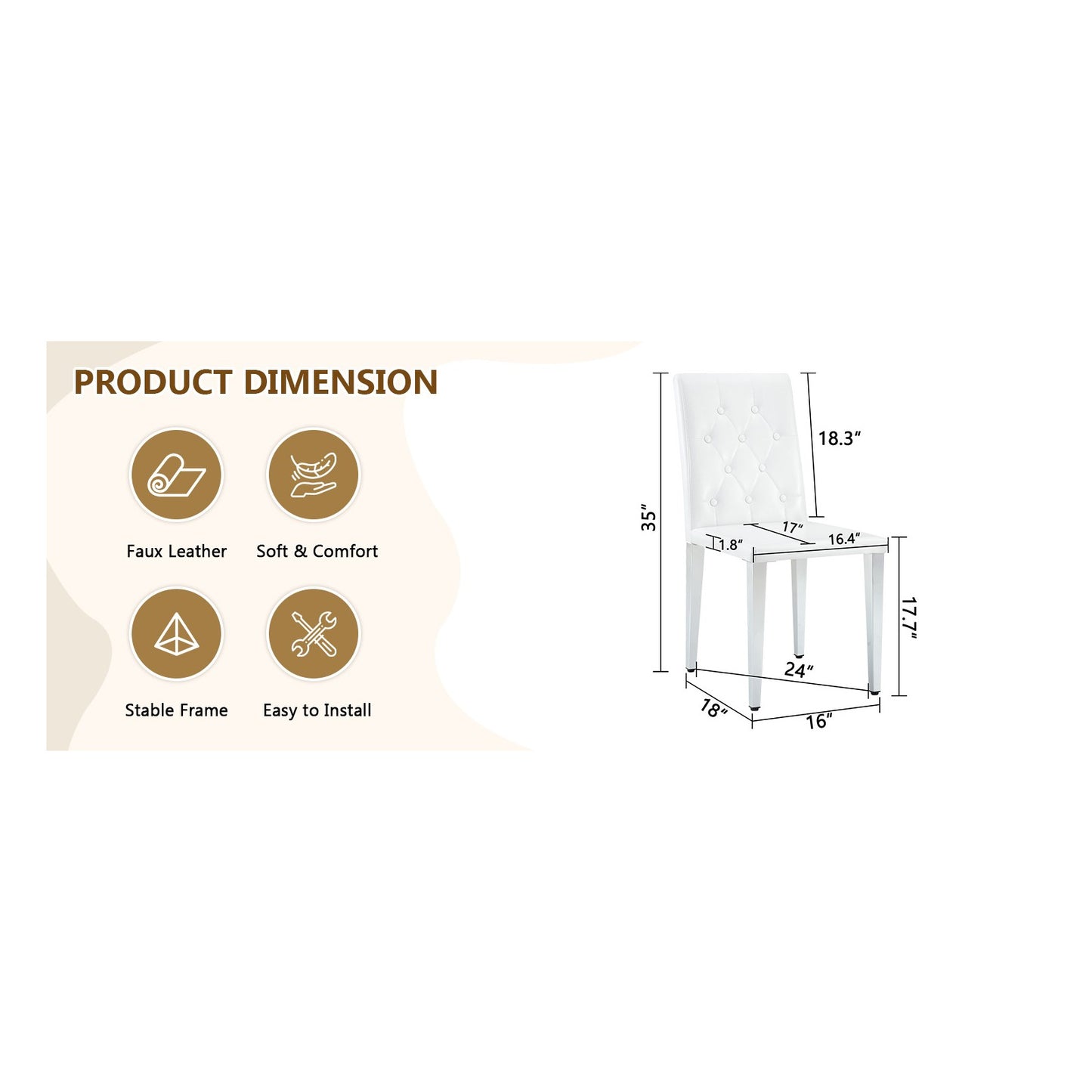 Sumdeal White and Silver PU Leather Dining Chairs Set of 2 with Silver Legs - dimension image 2