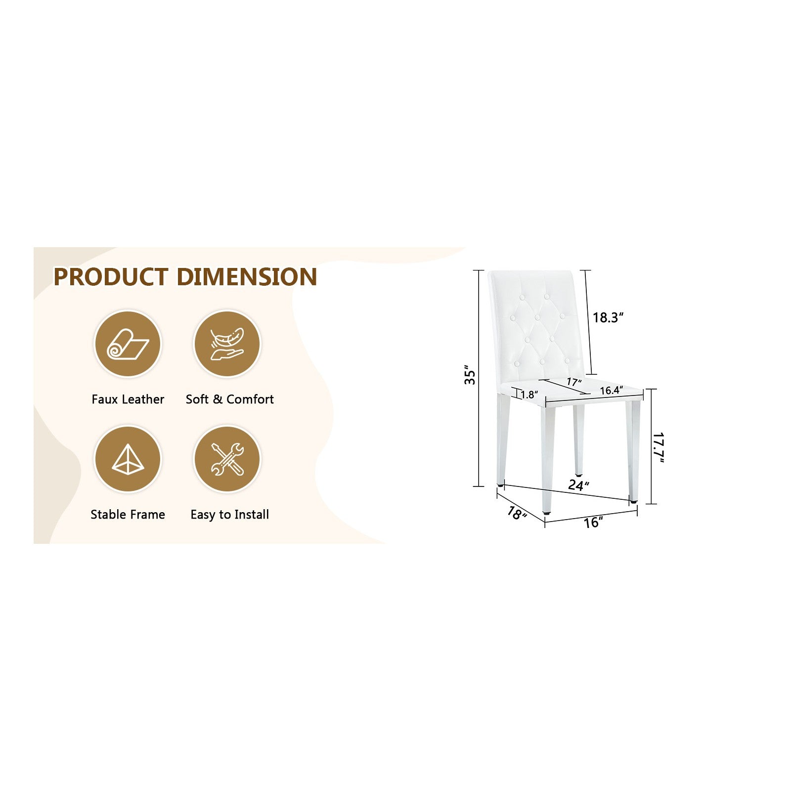 Sumdeal White and Silver PU Leather Dining Chairs Set of 2 with Silver Legs - dimension image 2