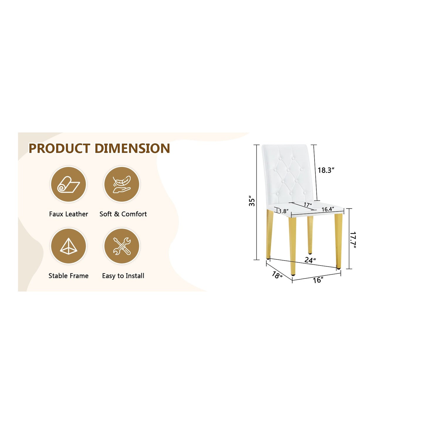Sumdeal White and Gold PU Leather Dining Chairs Set of 4 with Gold Legs - dimension image 2