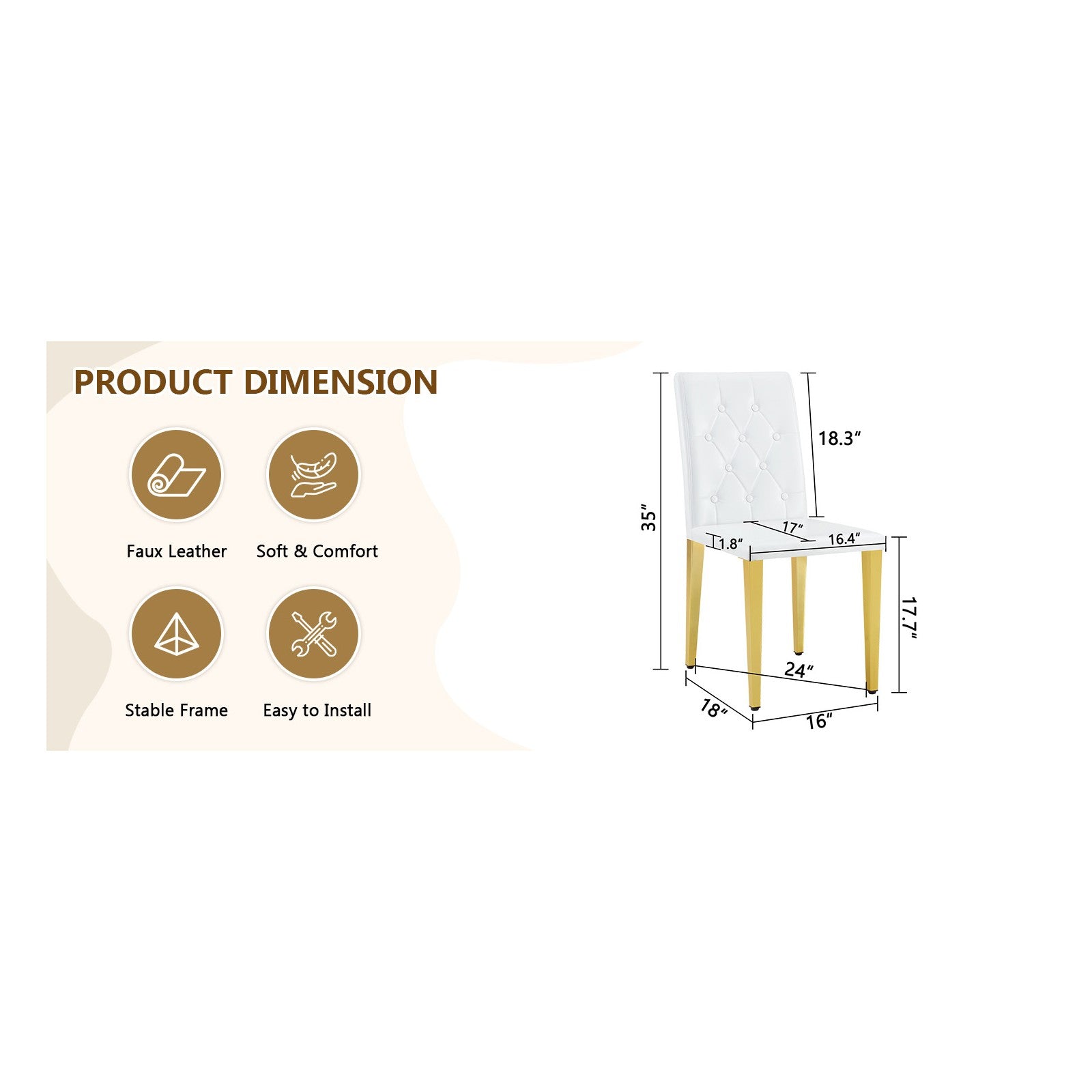 Sumdeal White and Gold PU Leather Dining Chairs Set of 4 with Gold Legs - dimension image 2