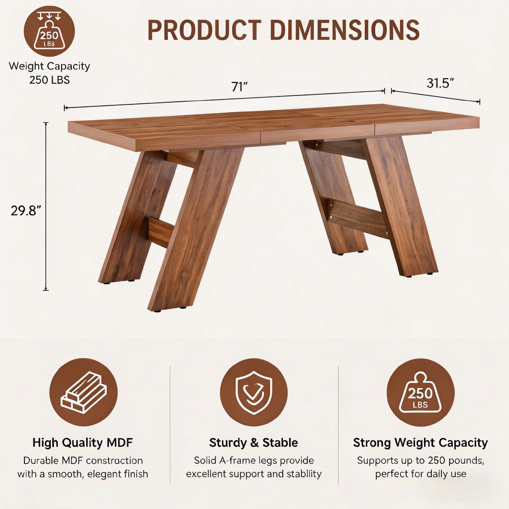 Sumdeal 71-inch Wood-Look Rectangular Dining Table with Angled Legs - dimension image 2