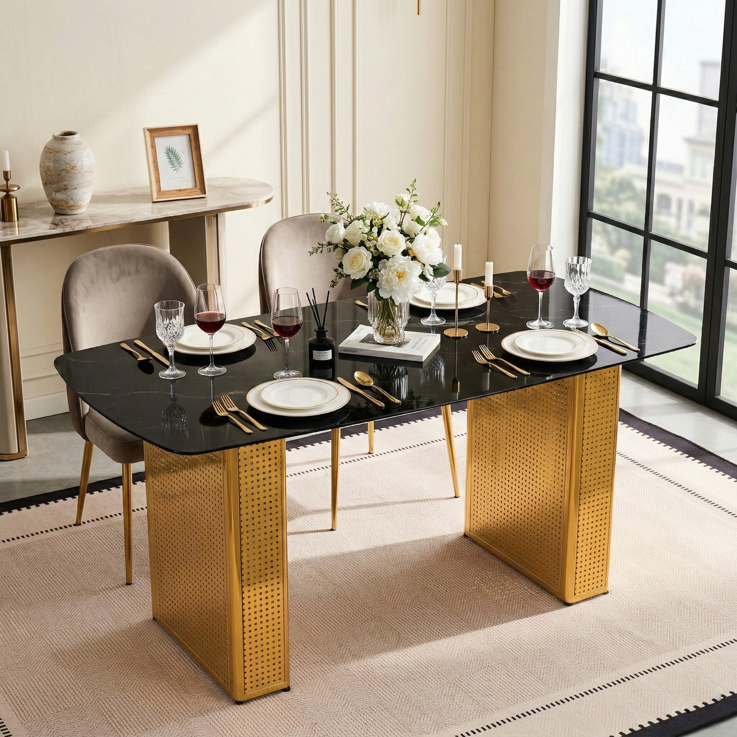 Sumdeal Black Glass Dining Table with Gold Dual-Pedestal Base - fallback-gallery image 2