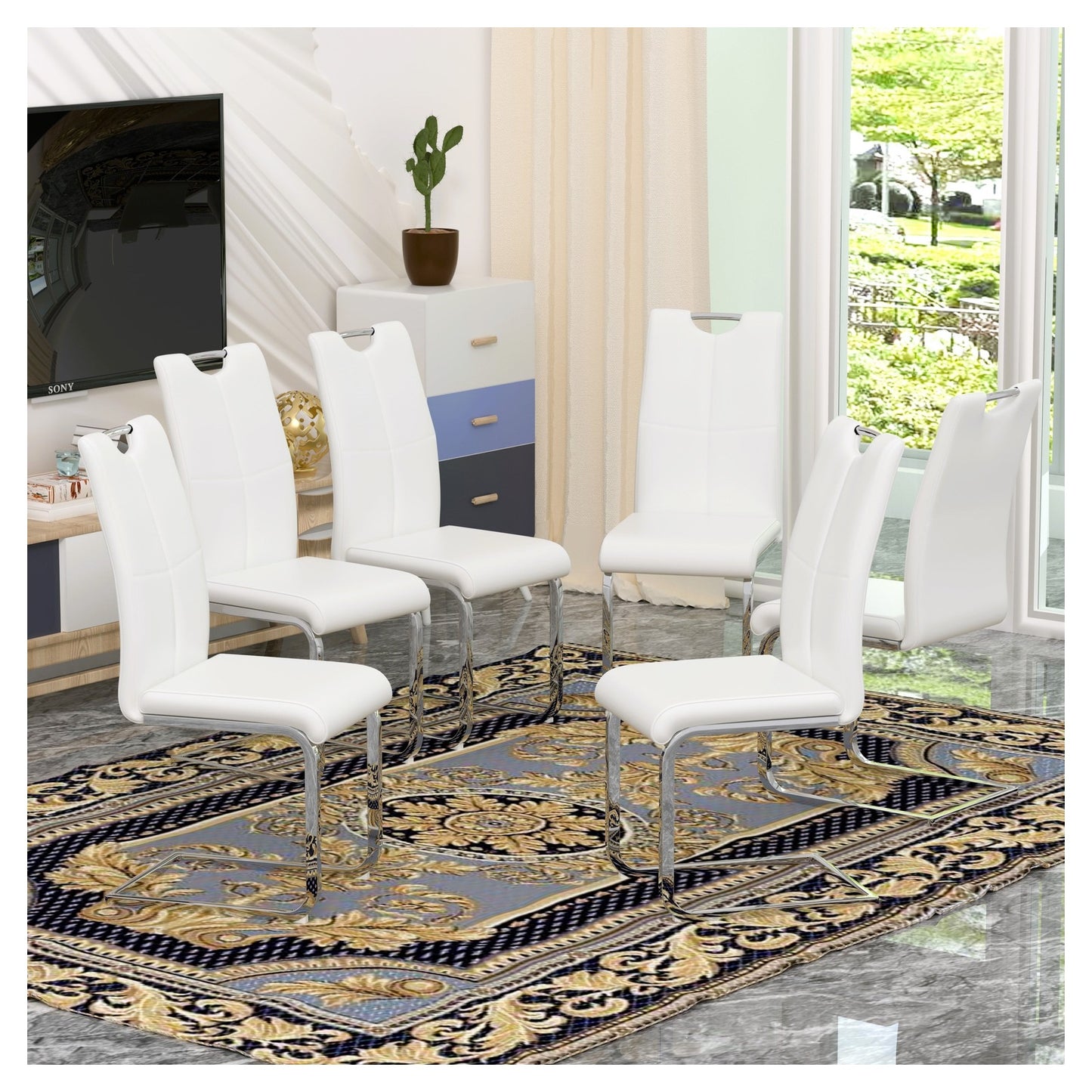 Sumdeal Modern PU Dining Chairs Set of 6 with Silver Legs for Family Dining Rooms - Walmart image White