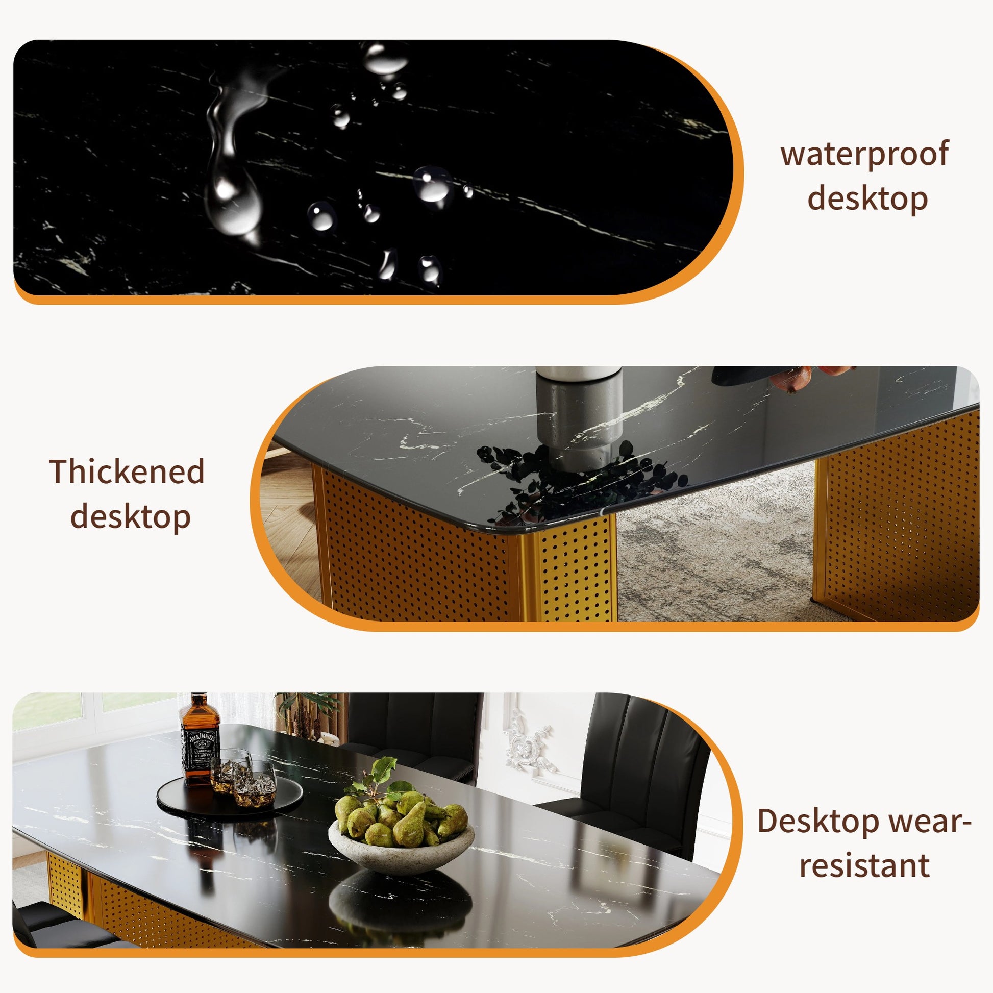 Sumdeal Black Glass Dining Table with Gold Dual-Pedestal Base - detail image 3