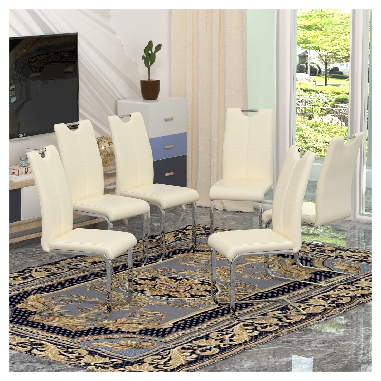 Sumdeal Modern PU Dining Chairs Set of 6 with Silver Legs for Family Dining Rooms - Walmart image Cream