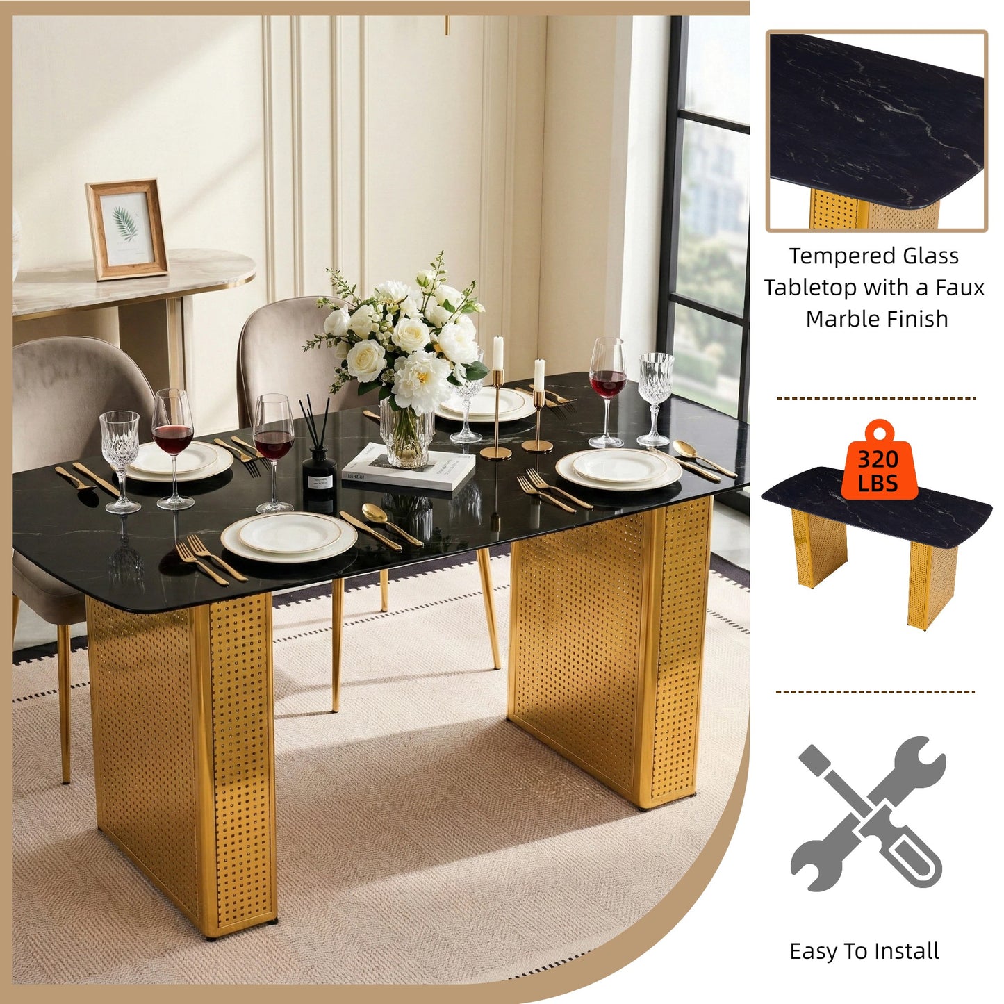 Sumdeal Black Glass Dining Table with Gold Dual-Pedestal Base - detail image 4