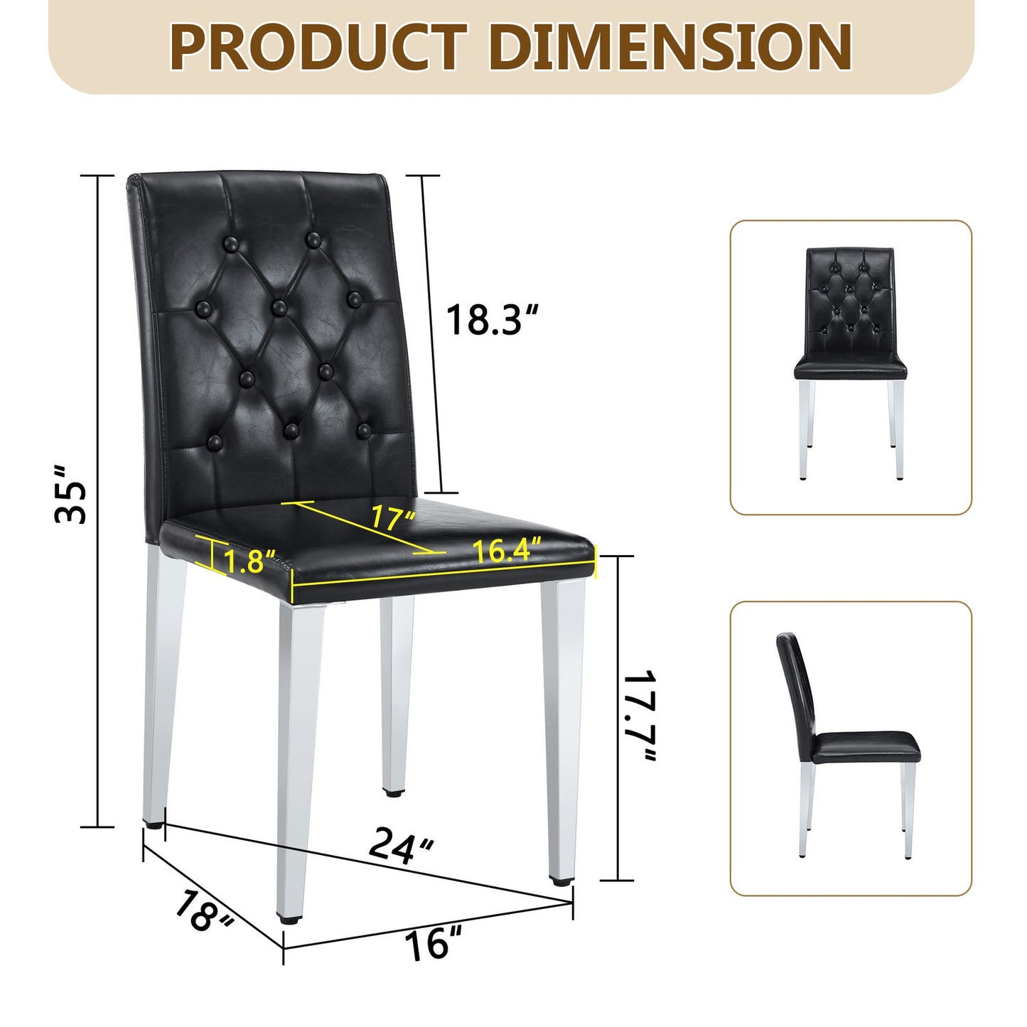 Sumdeal Black and Silver PU Leather Dining Chairs Set of 2 with Silver Legs - product image 4