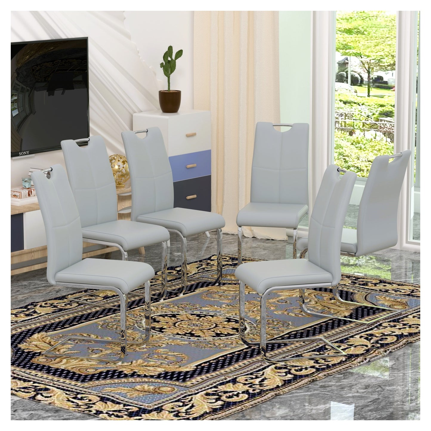 Sumdeal Modern PU Dining Chairs Set of 6 with Silver Legs for Family Dining Rooms - Walmart image Light Gray