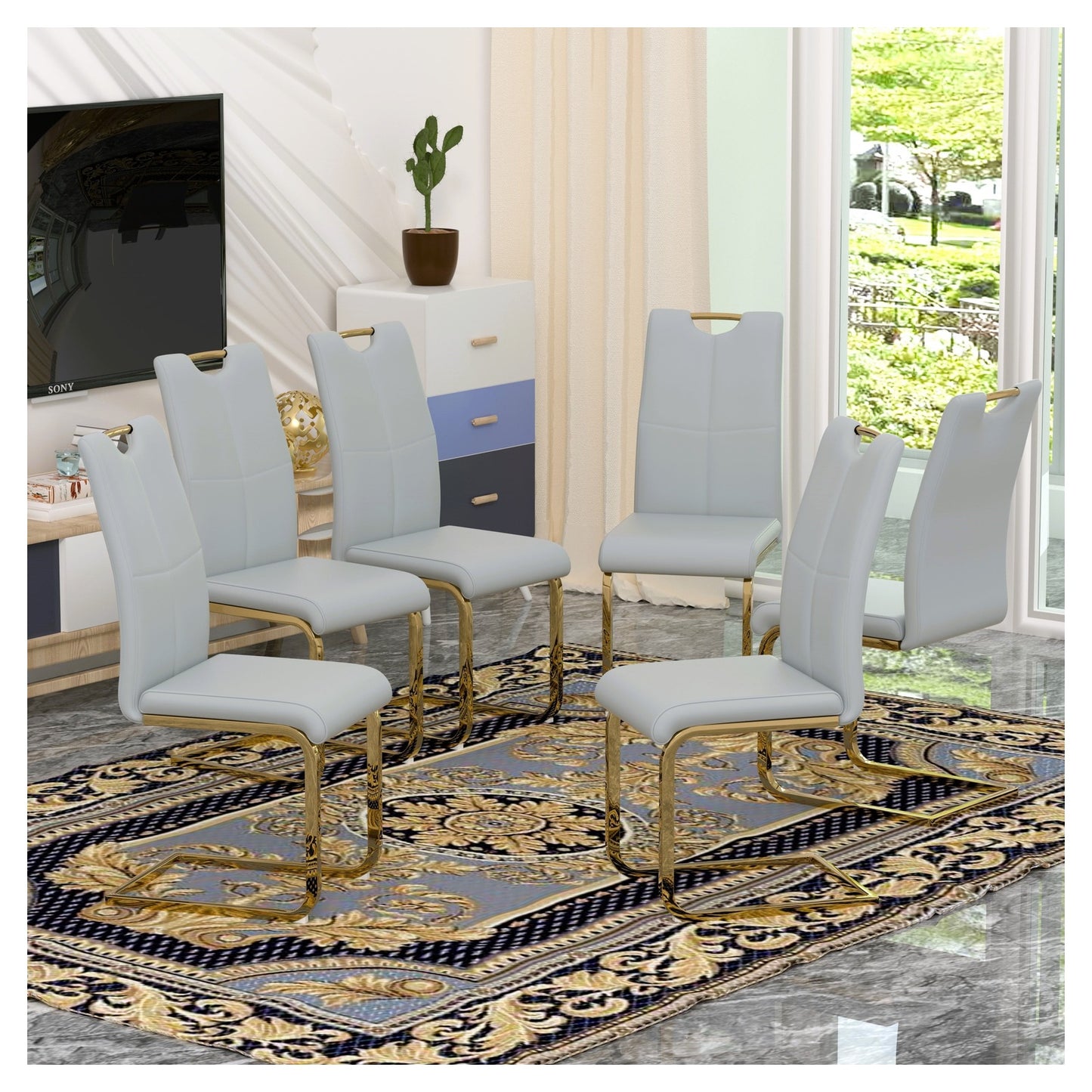Sumdeal Modern PU Dining Chairs Set of 6 with Gold Legs for Open Dining Rooms - Walmart image Light Gray