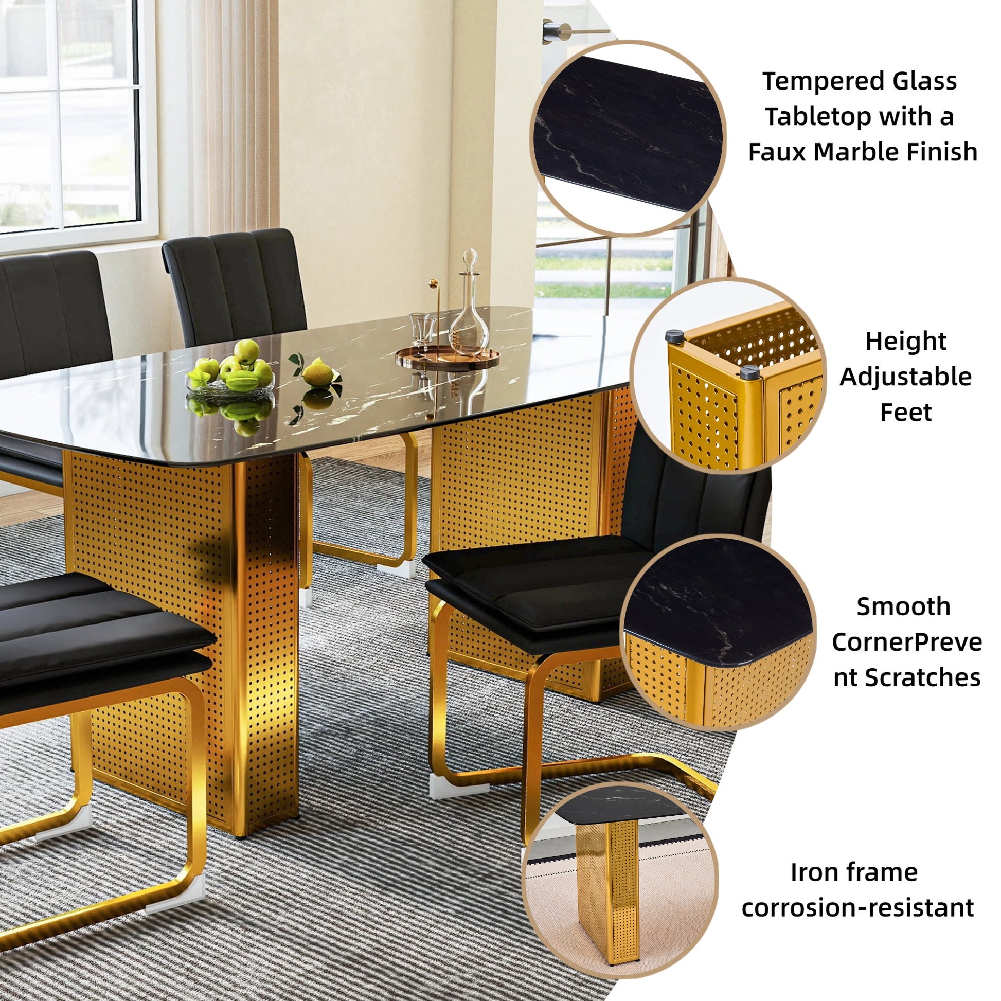 Sumdeal Black Glass Dining Table with Gold Dual-Pedestal Base - detail image 5