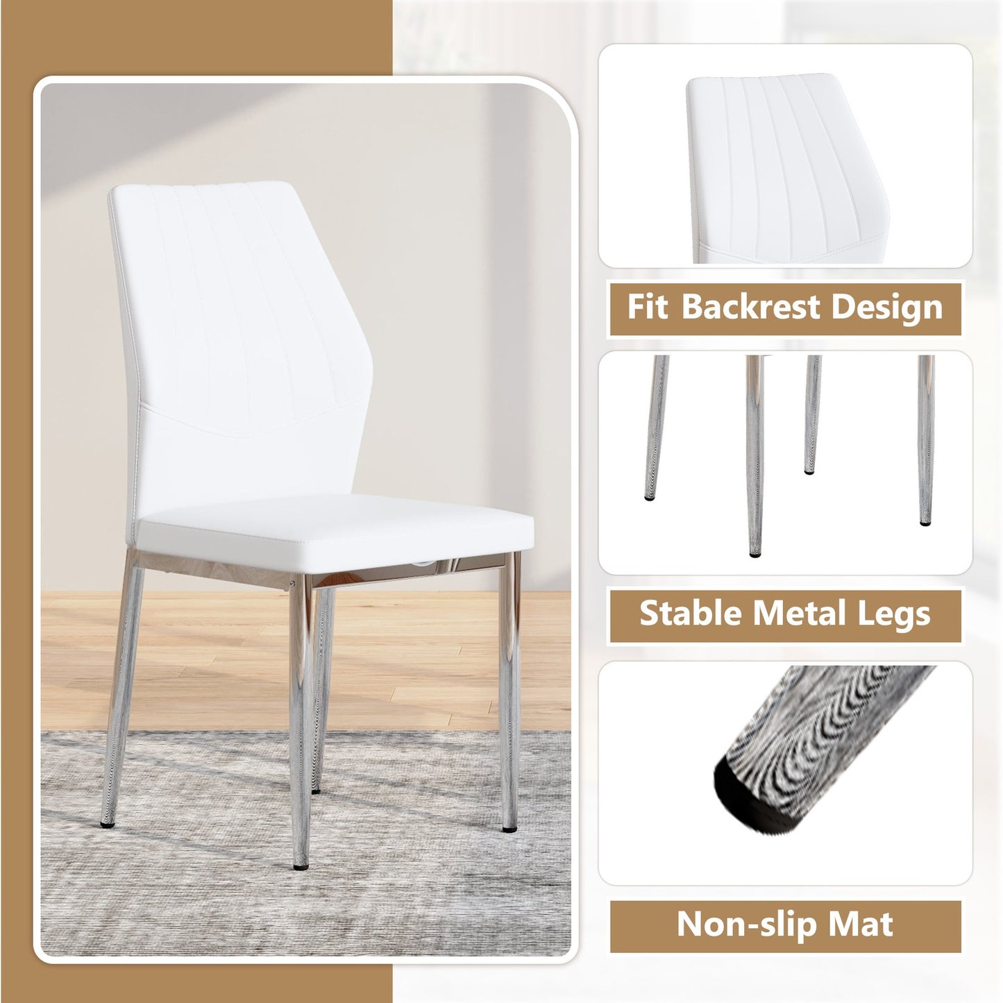 Sumdeal White and Silver PU Leather Dining Chairs Set of 4 with Silver Legs - product image 5