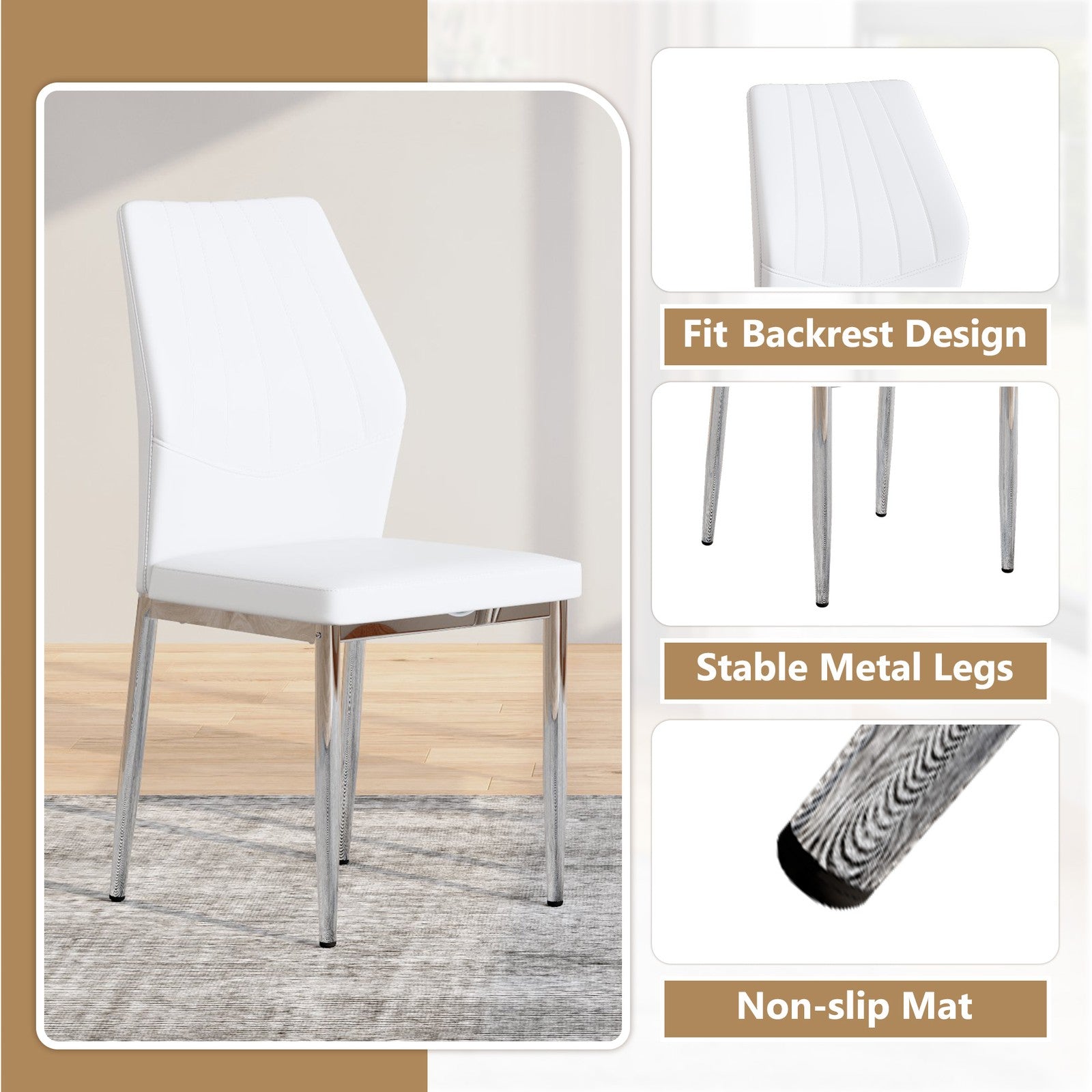 Sumdeal White and Silver PU Leather Dining Chairs Set of 4 with Silver Legs - product image 5