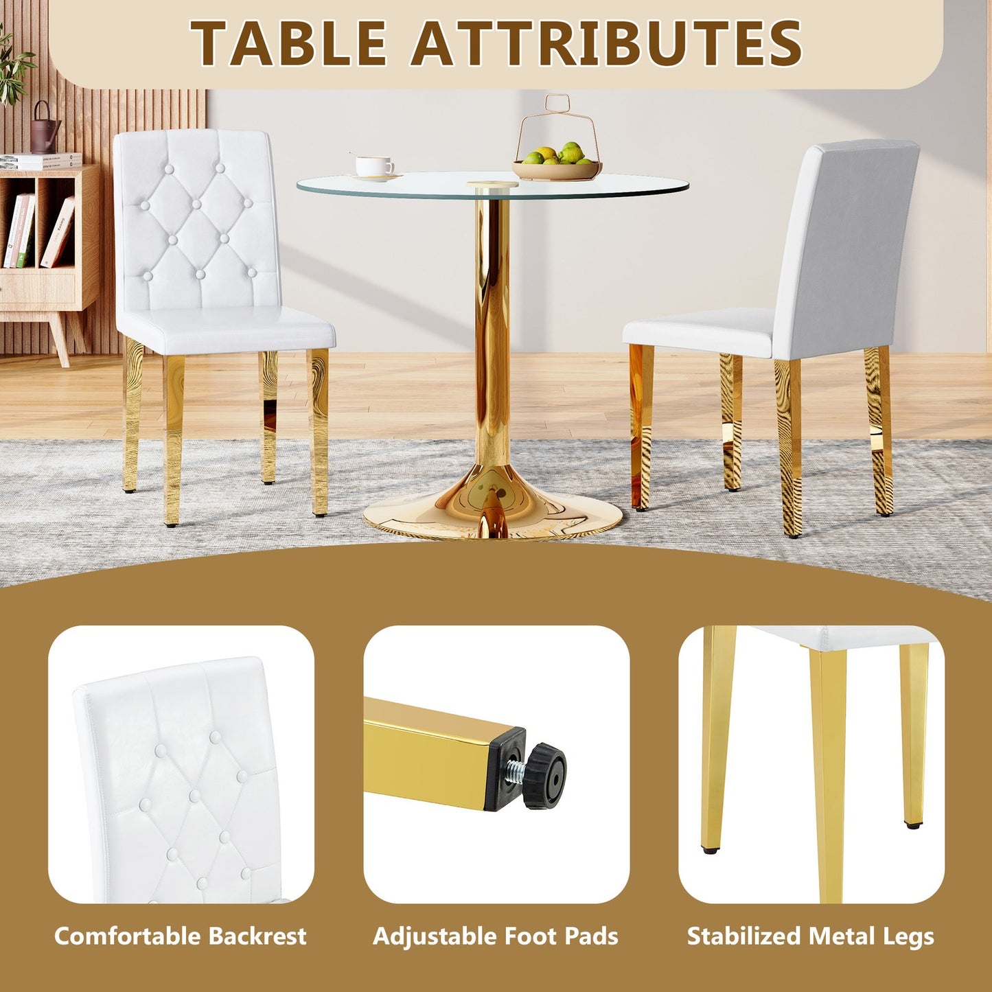 Sumdeal White and Gold PU Leather Dining Chairs Set of 4 with Gold Legs - product image 5