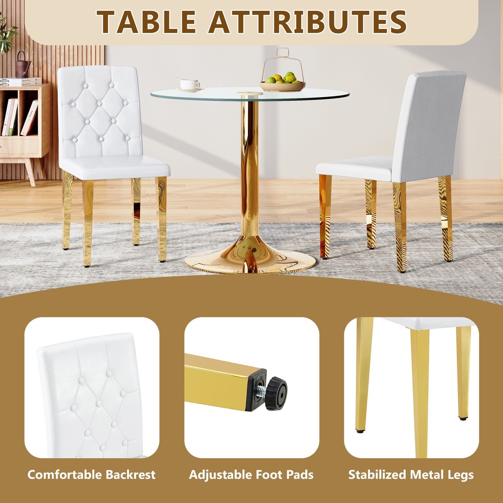 Sumdeal White and Gold PU Leather Dining Chairs Set of 4 with Gold Legs - product image 5