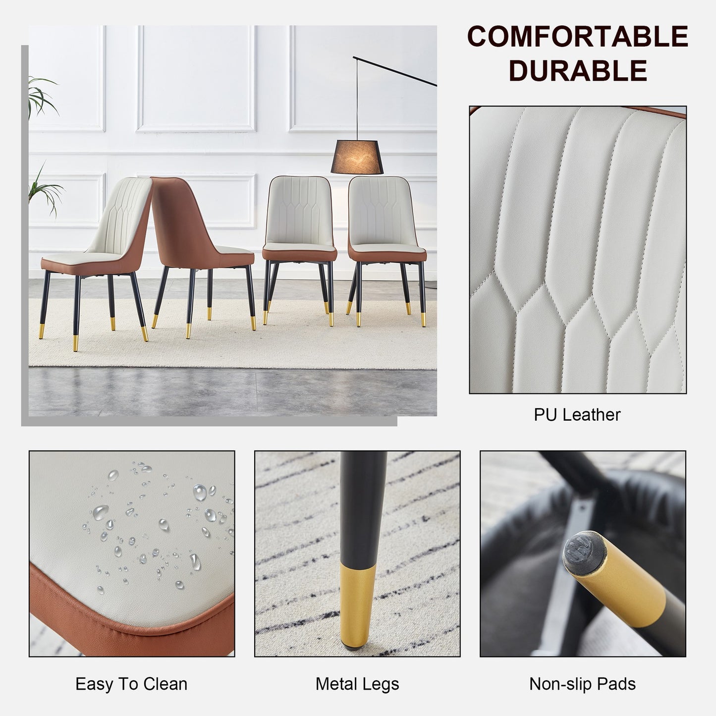 Sumdeal Brown and Light Gray PU Leather Dining Chairs Set of 4 with Black Legs - product image 6