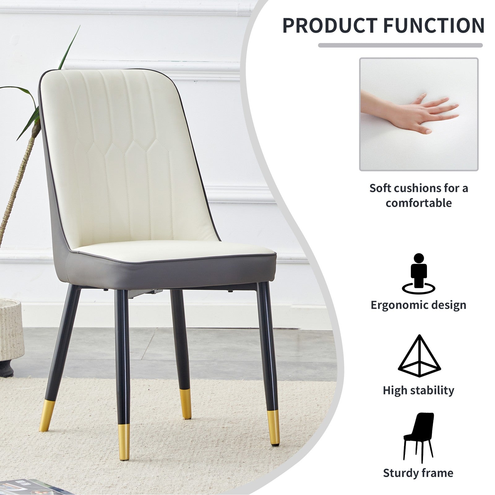 Sumdeal White and gray PU Leather Dining Chairs Set of 4 with Black Legs - product image 6