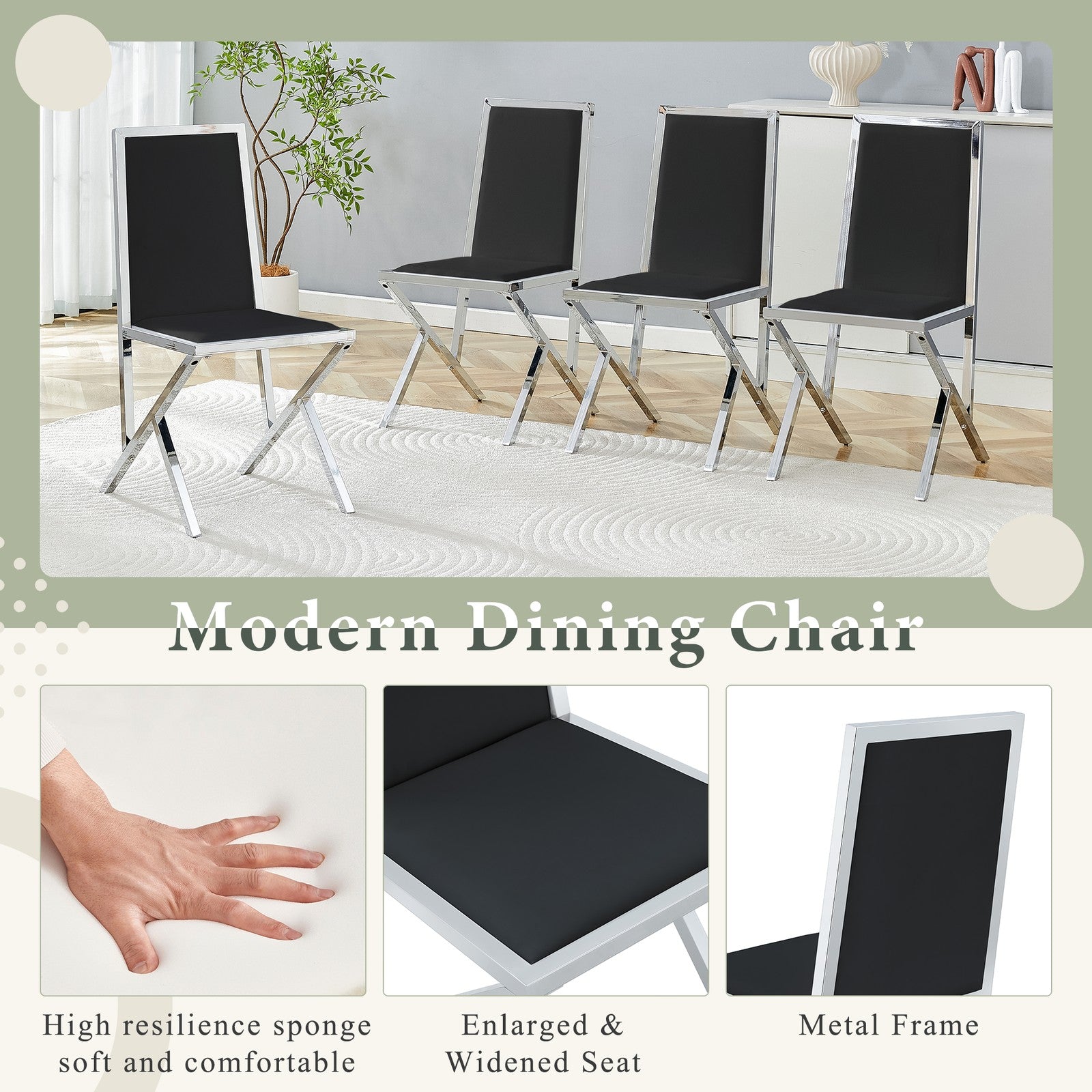 Sumdeal Black and Silver PU Leather Dining Chairs Set of 2 with Silver Legs - product image 6