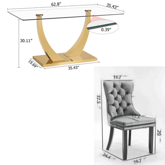 Sumdeal 63" Modern Tempered Glass Dining Room Set , Kitchen & Dining Room Glass Table with Velvet Dining Chairs,Glass Dining Table Set for 4,Glass Dining  Table sets for 6
